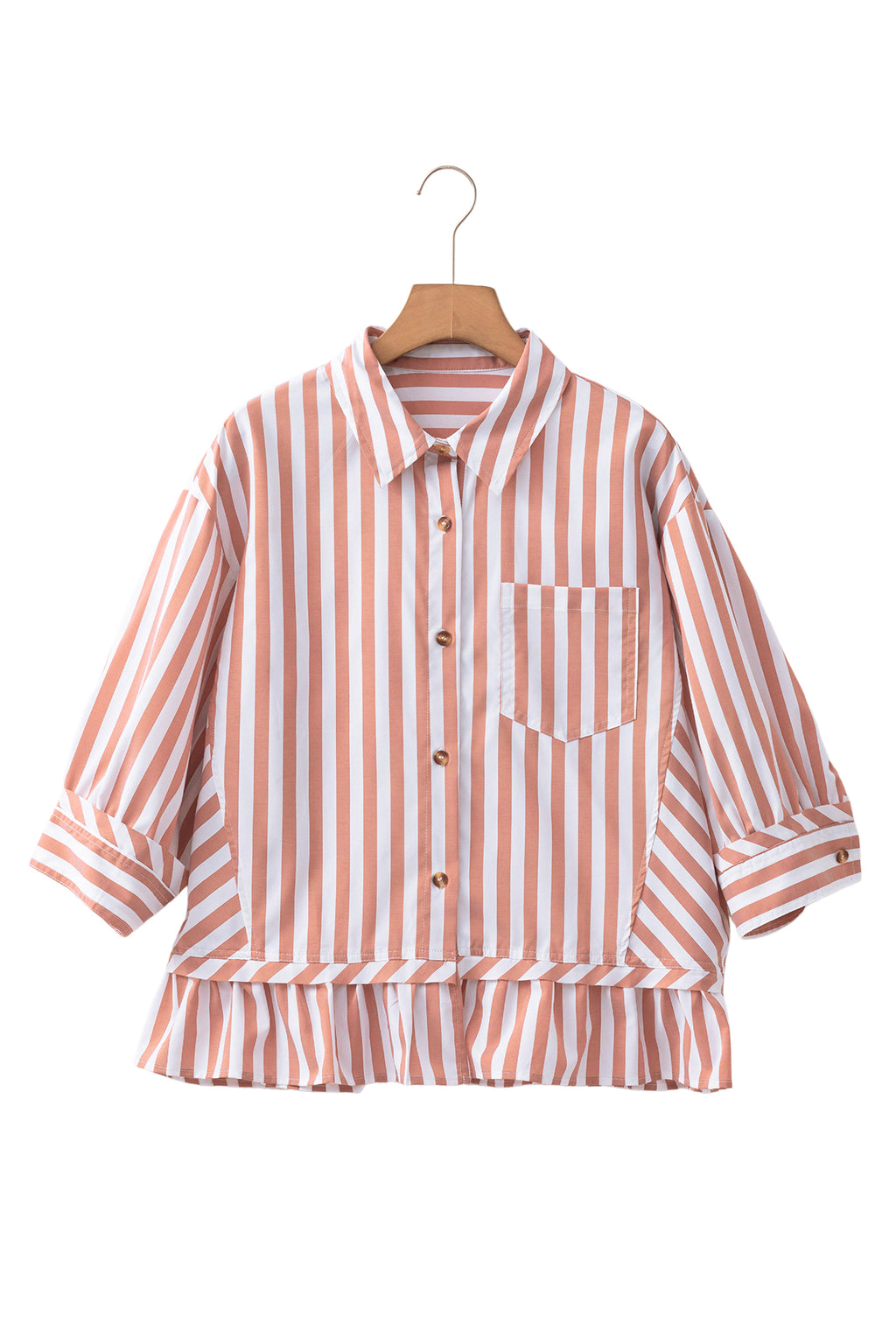 Khaki Stripe Button Front Ruffle Hem Bracelet Sleeve Shirt