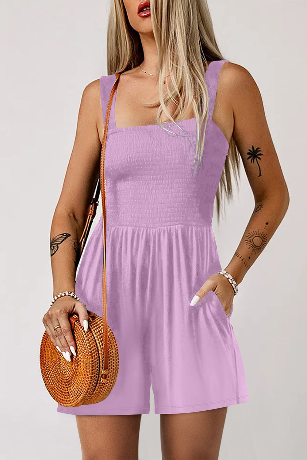 Casual Pocketed Smocked Sleeveless Romper