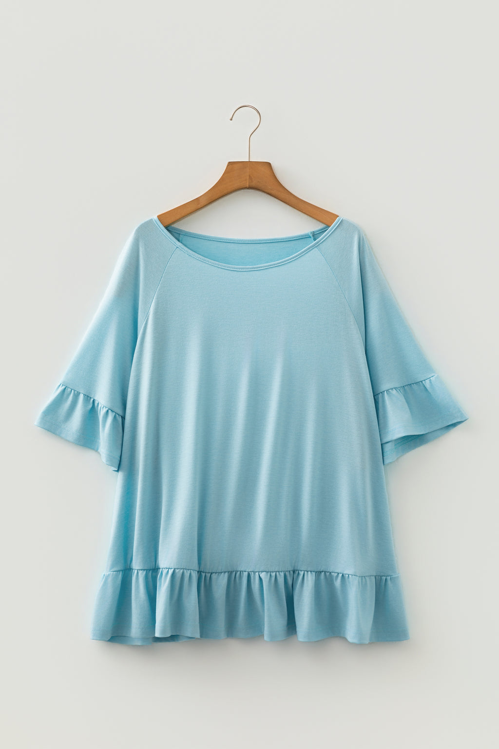 Light Blue Ruffled Short Sleeve Plus Size Casual Blouse