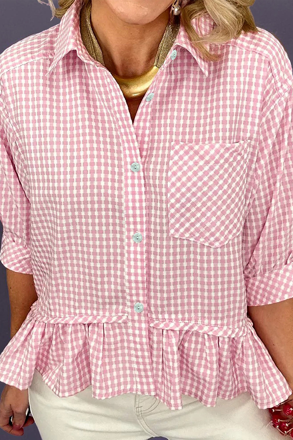 Pink Plaid Half Sleeve Ruffle Hem Button Down Shirt