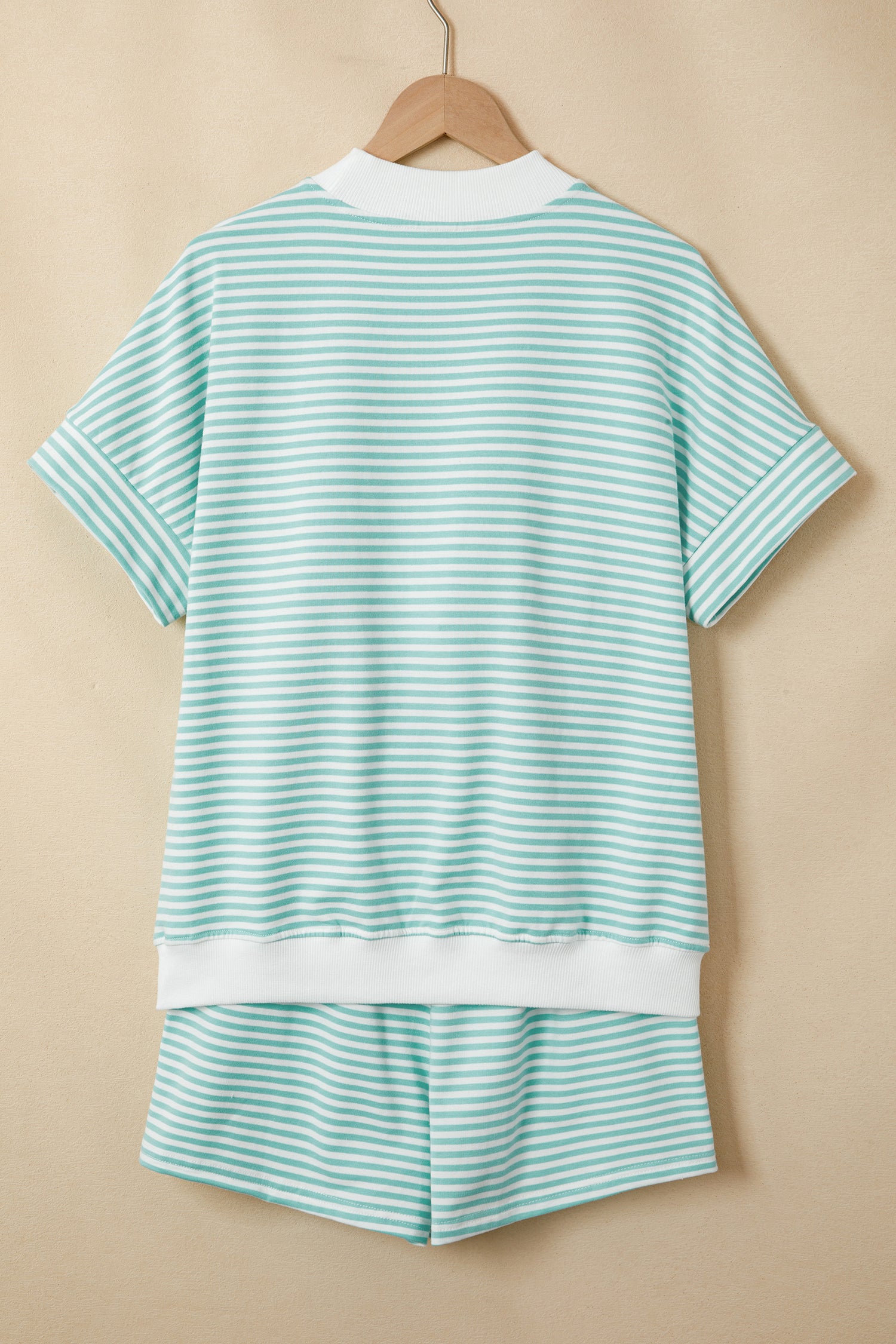Pink Stripe Cuffed Sleeve Contrast Mock Neck Tee Casual 2pcs Short Set