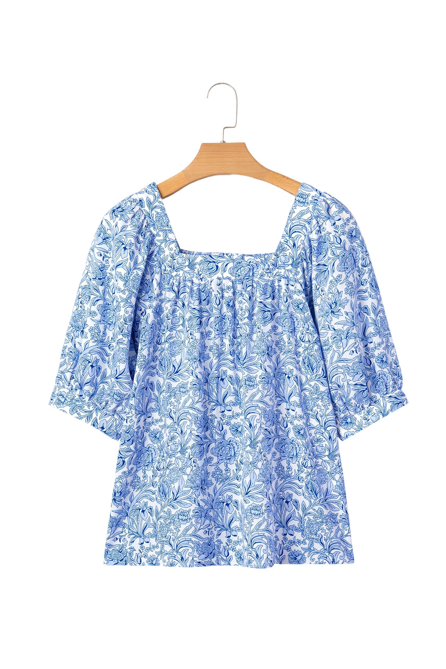 Sky Blue Square Neck Short Puff Sleeve Pleated Floral Blouse