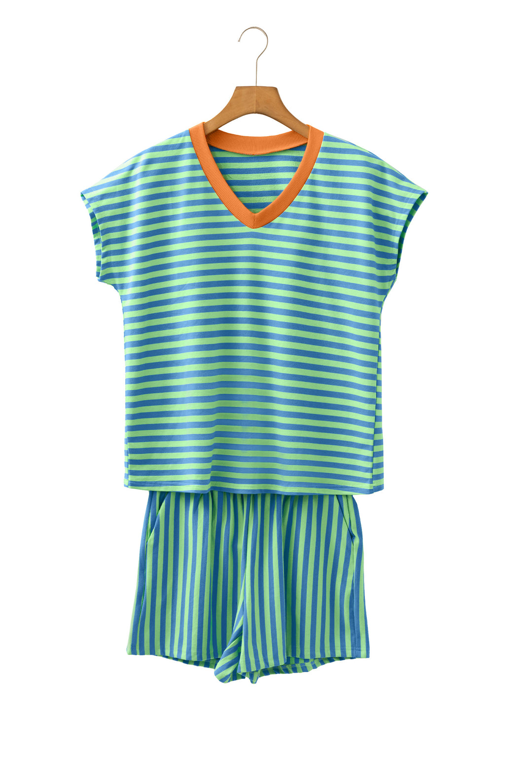 Pink Stripe Colorblock Trim V Neck Tee Drawstring Elastic Waist Short Set
