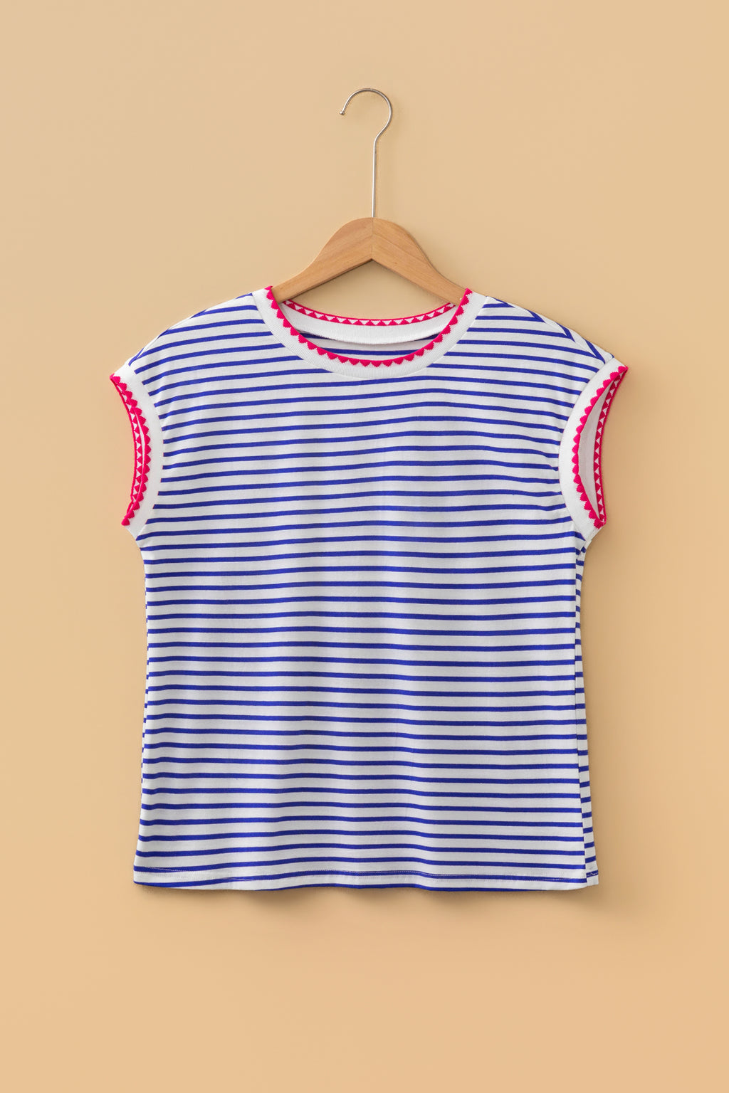 Blue Stripe Contrast Trim Round Neck Cap Sleeve Tee