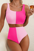 Black Corded Solid Square Neck Bikini Swimsuit
