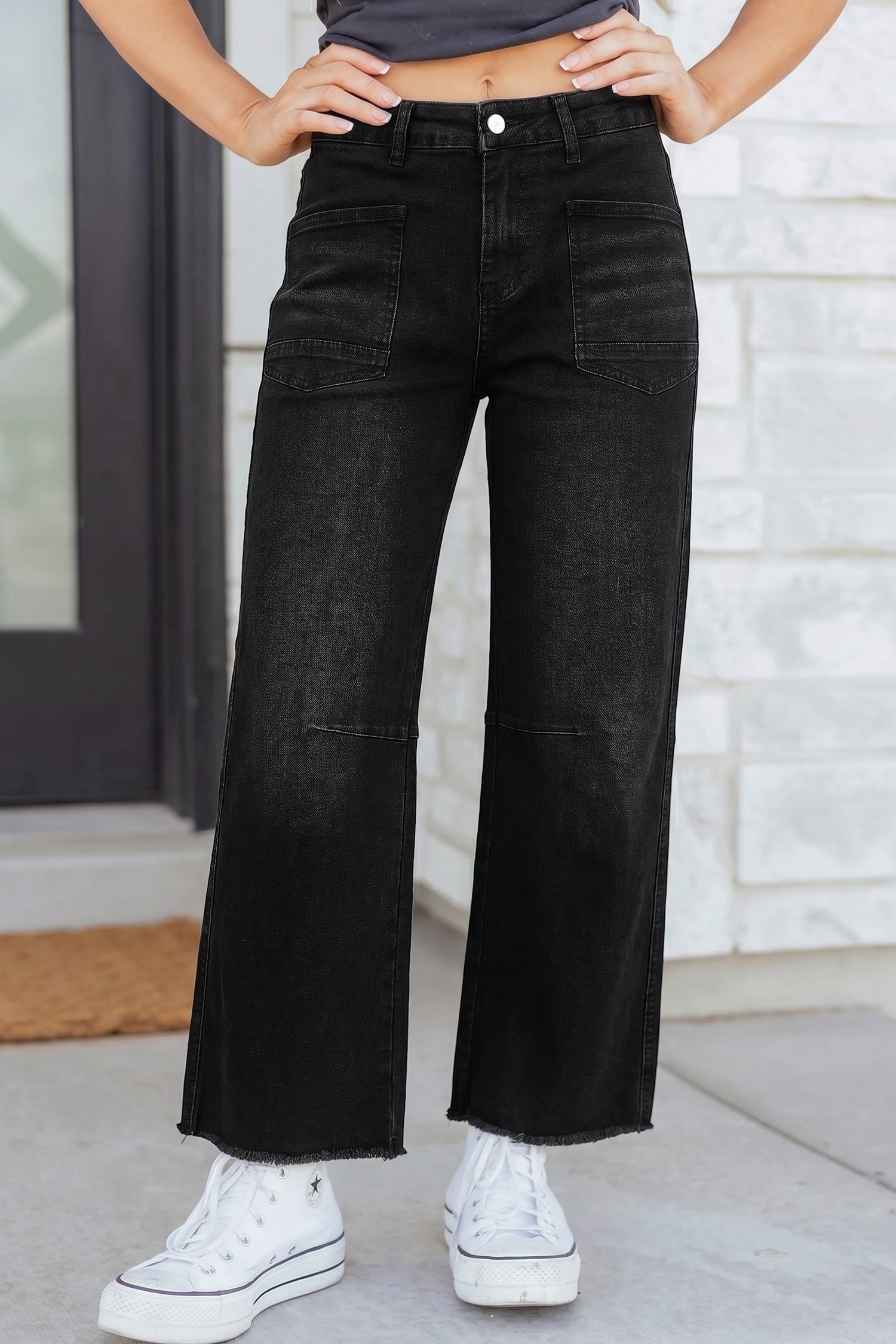 Black Frayed Cropped Straight Jeans
