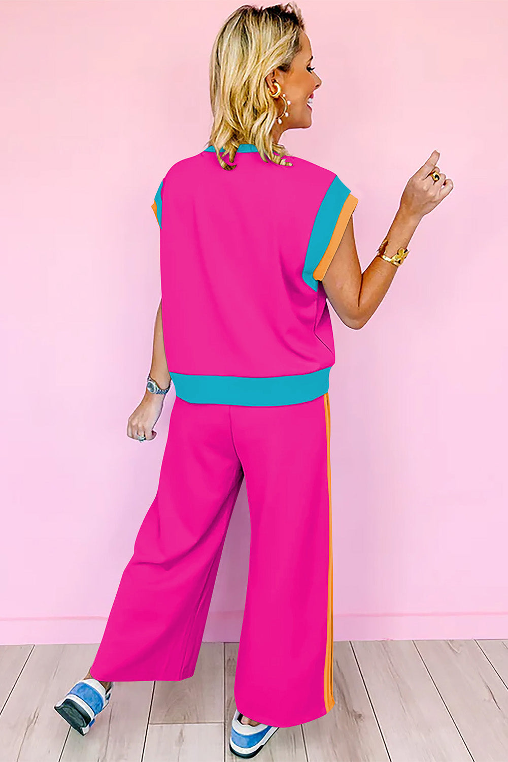 Racing Red Color Block Detail Casual Two-piece Set