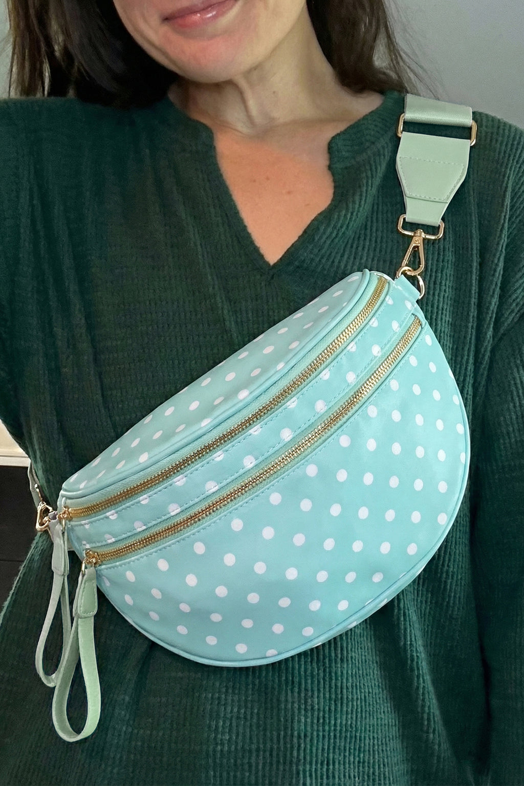 Blackish Green Retro Polka Dot Print Double Zip Crossbody Bag