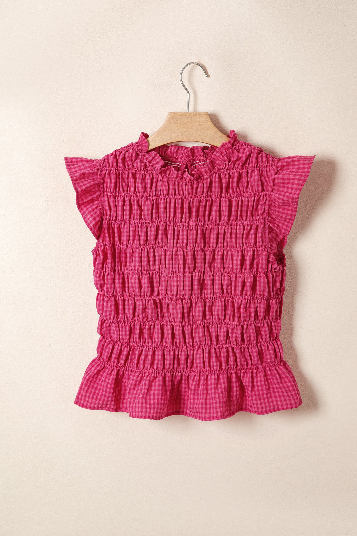 Red Plaid Shirred Ruffle Trim Tank Top