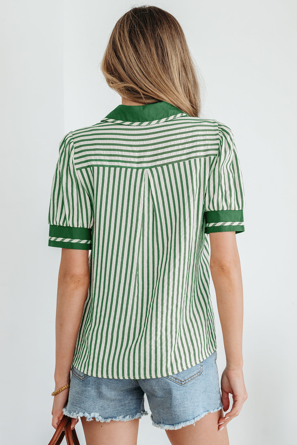 Khaki Stripe Collared Split Neck Short Bubble Sleeve Blouse