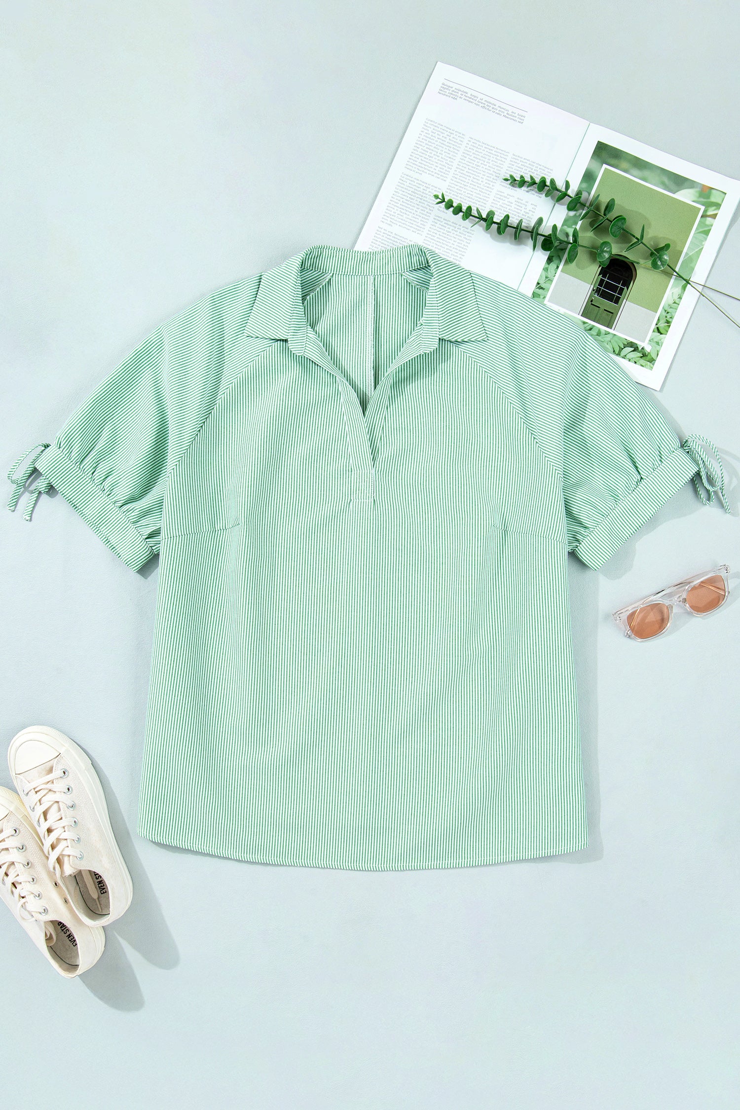 Mint Green Plus Size Striped Print Collar V Neck Short Sleeve Blouse