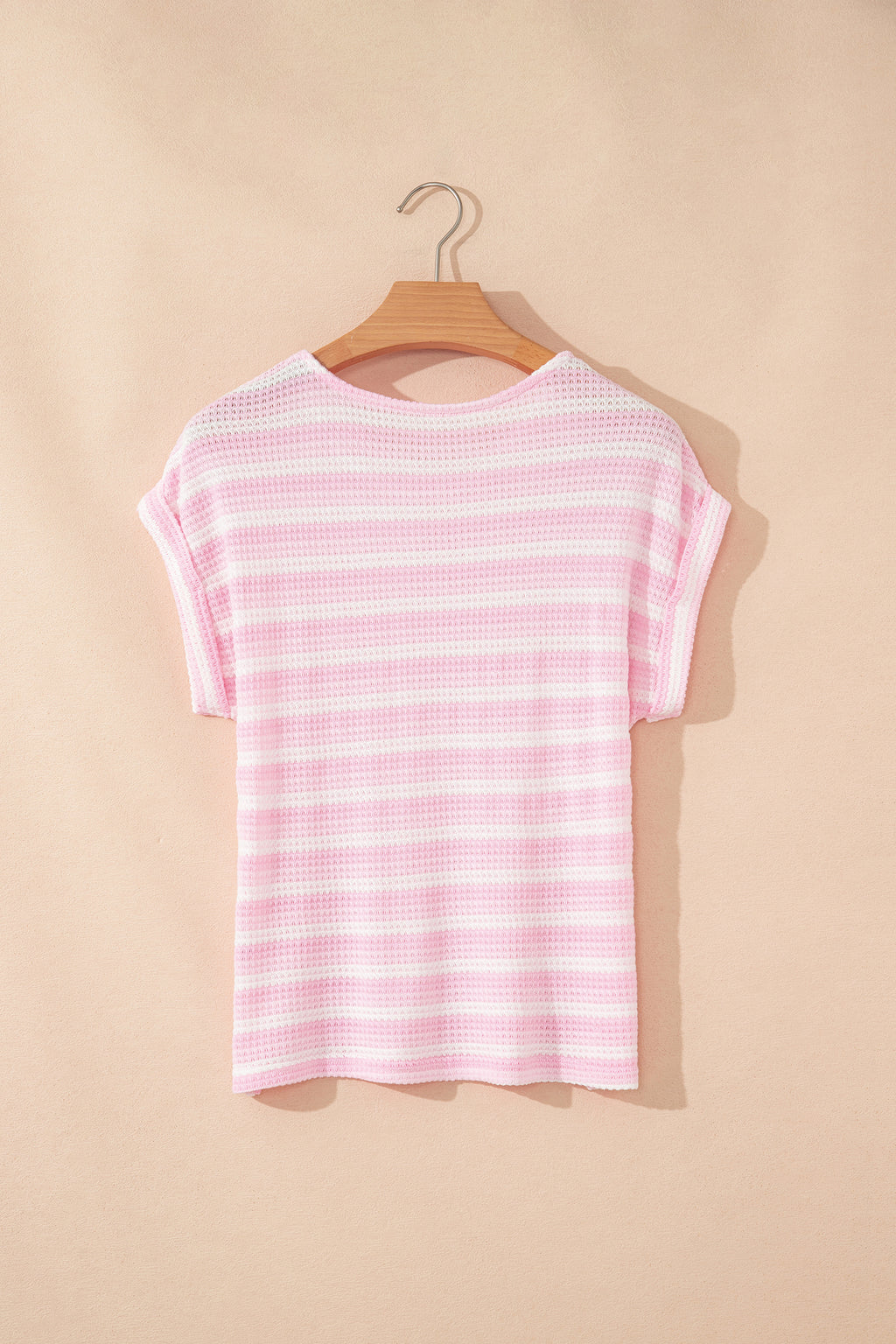 Pink Striped Print Waffle Knit T Shirt
