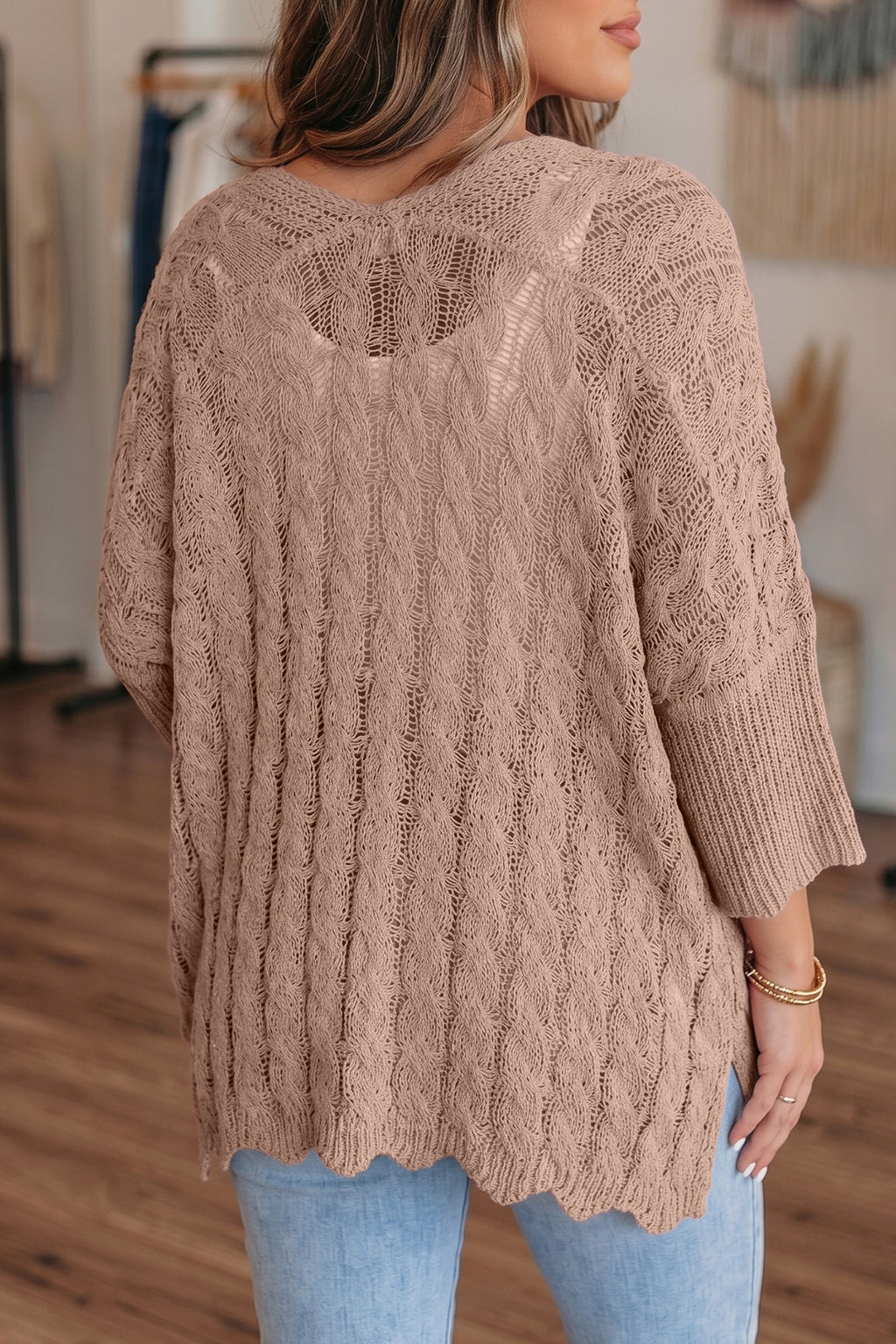 Pink Hollowed Pattern Knit Drop Shoulder Open Sweater Cardigan