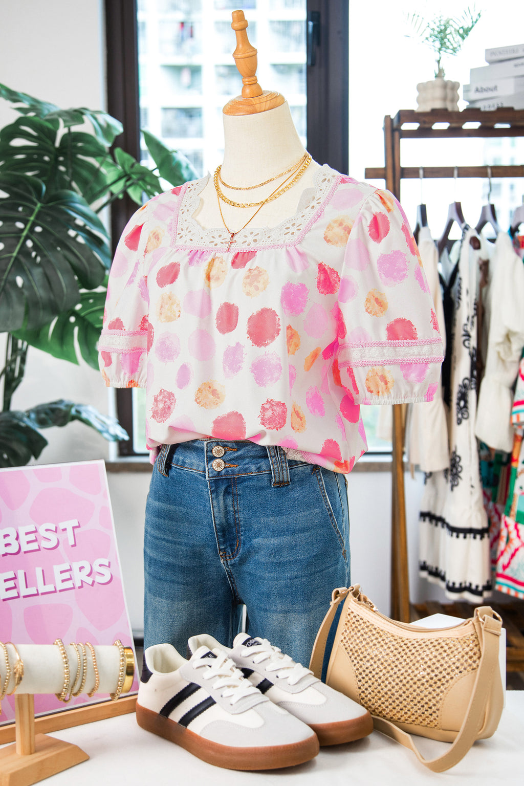Pink Polka Dot Lace Trim Square Neck Puff Sleeve Blouse