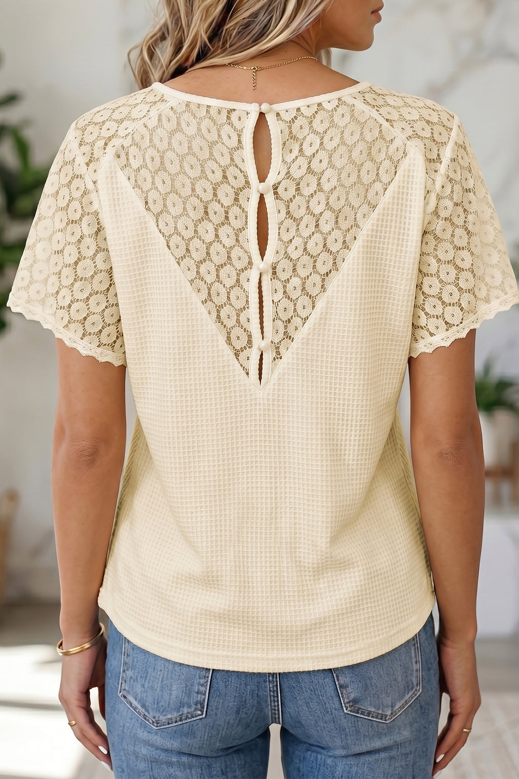 Pink Lace Splicing Button Cutout V Neck Waffle Knit Blouse