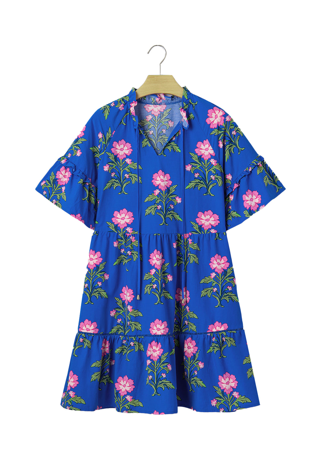 Blue V Neck Short Sleeve Loose Flower Dress