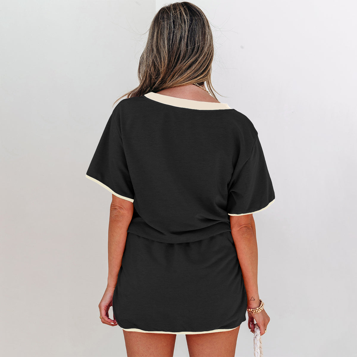 Apricot Colorblock Edge Drop Shoulder T Shirt and Skort 2Pcs Set