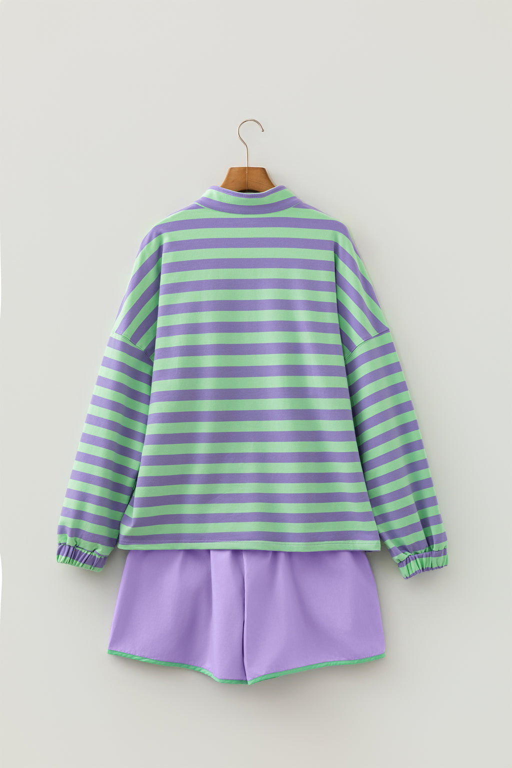 Purple Stripe Snap Button Long Sleeve Henley Top Contrast Shorts Two Piece Set