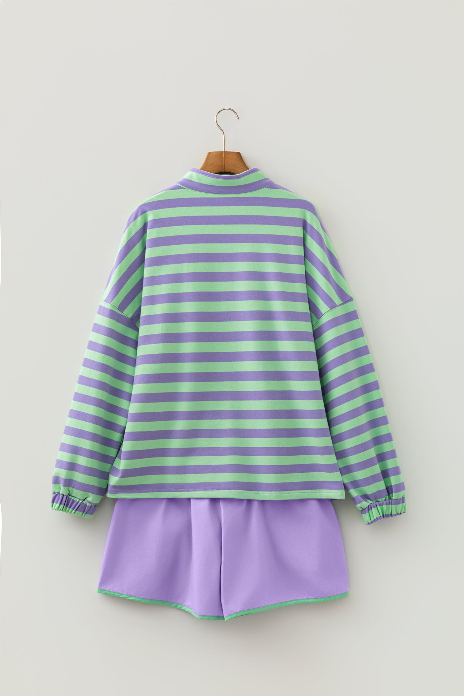 Purple Stripe Snap Button Long Sleeve Henley Top Contrast Shorts Two Piece Set