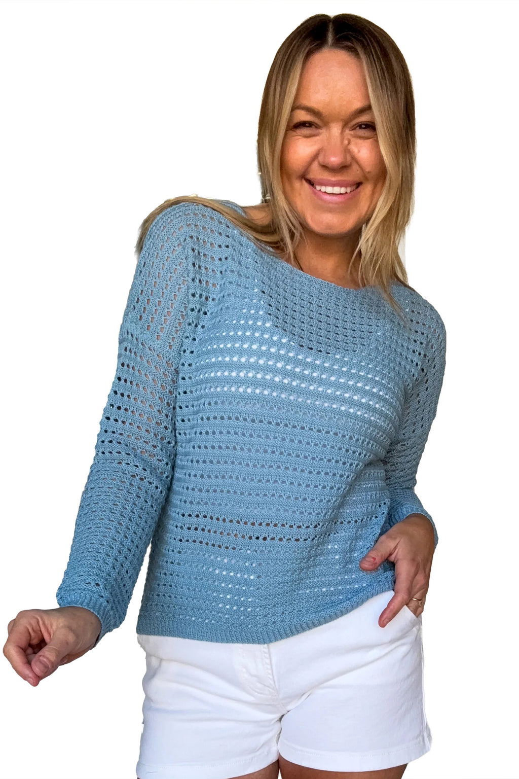 Long Sleeve Crochet Knit Sweater Round Neck Loose Fit Casual Pullover