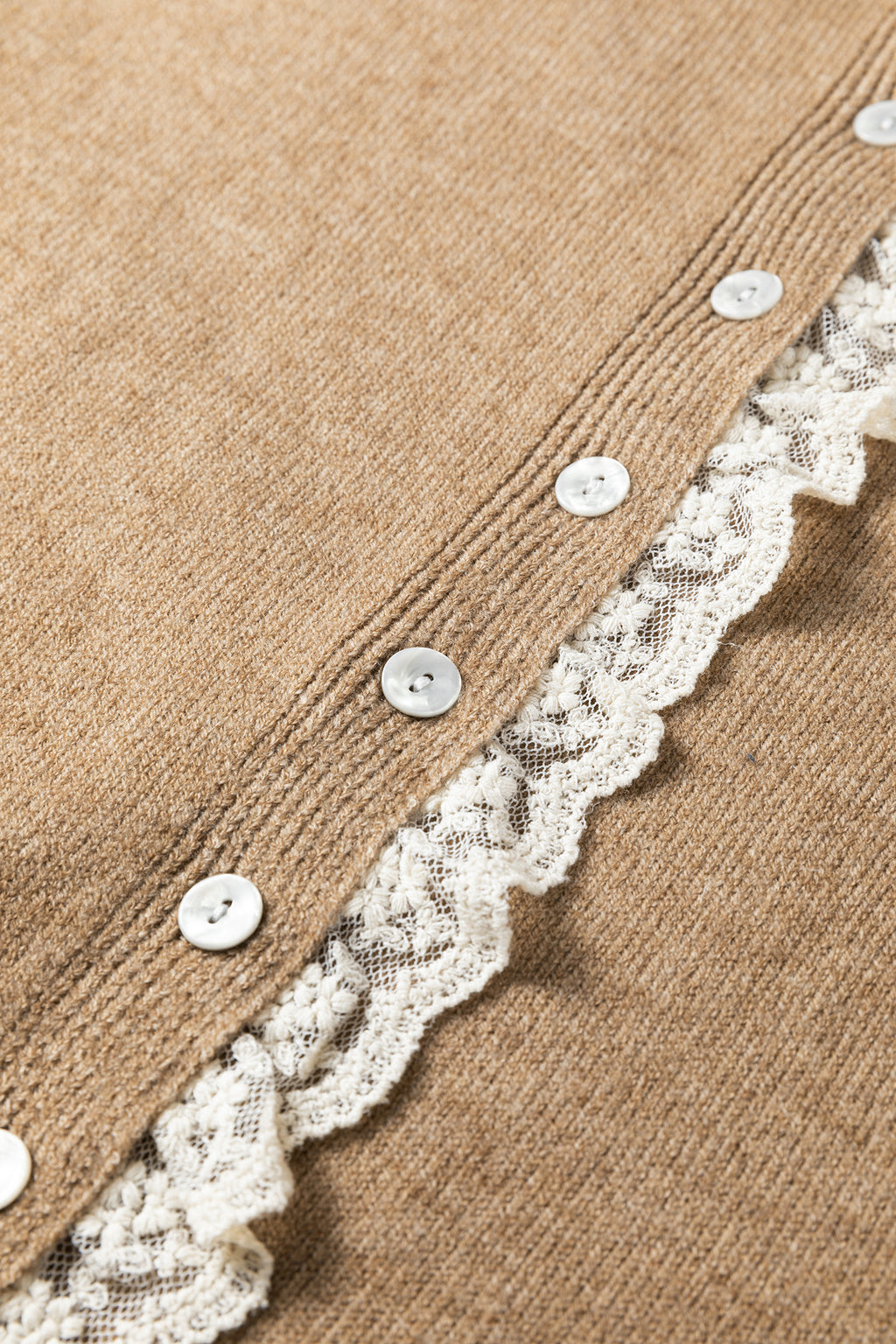 Simply Taupe Contrast Frilled Lace Trim Loose Cardigan Sweater