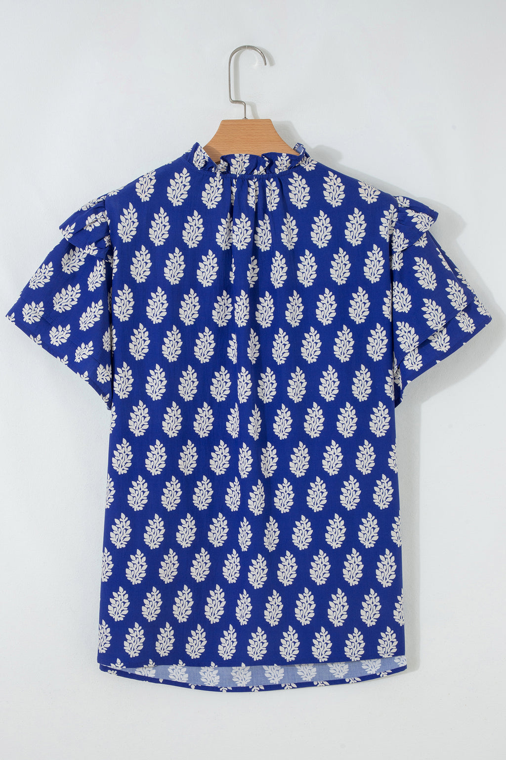Blue Plus Size Botanical Print Tie V Neck Ruffle Short Sleeve Blouse