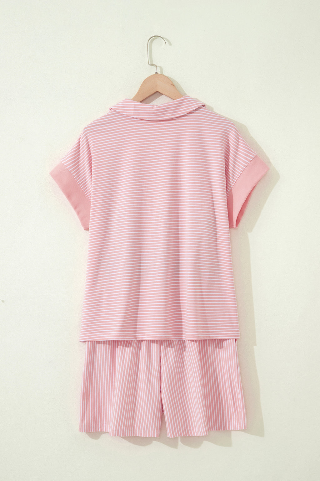 Khaki Stripe Dolman Sleeve Polo Shirt and Drawstring Shorts Set