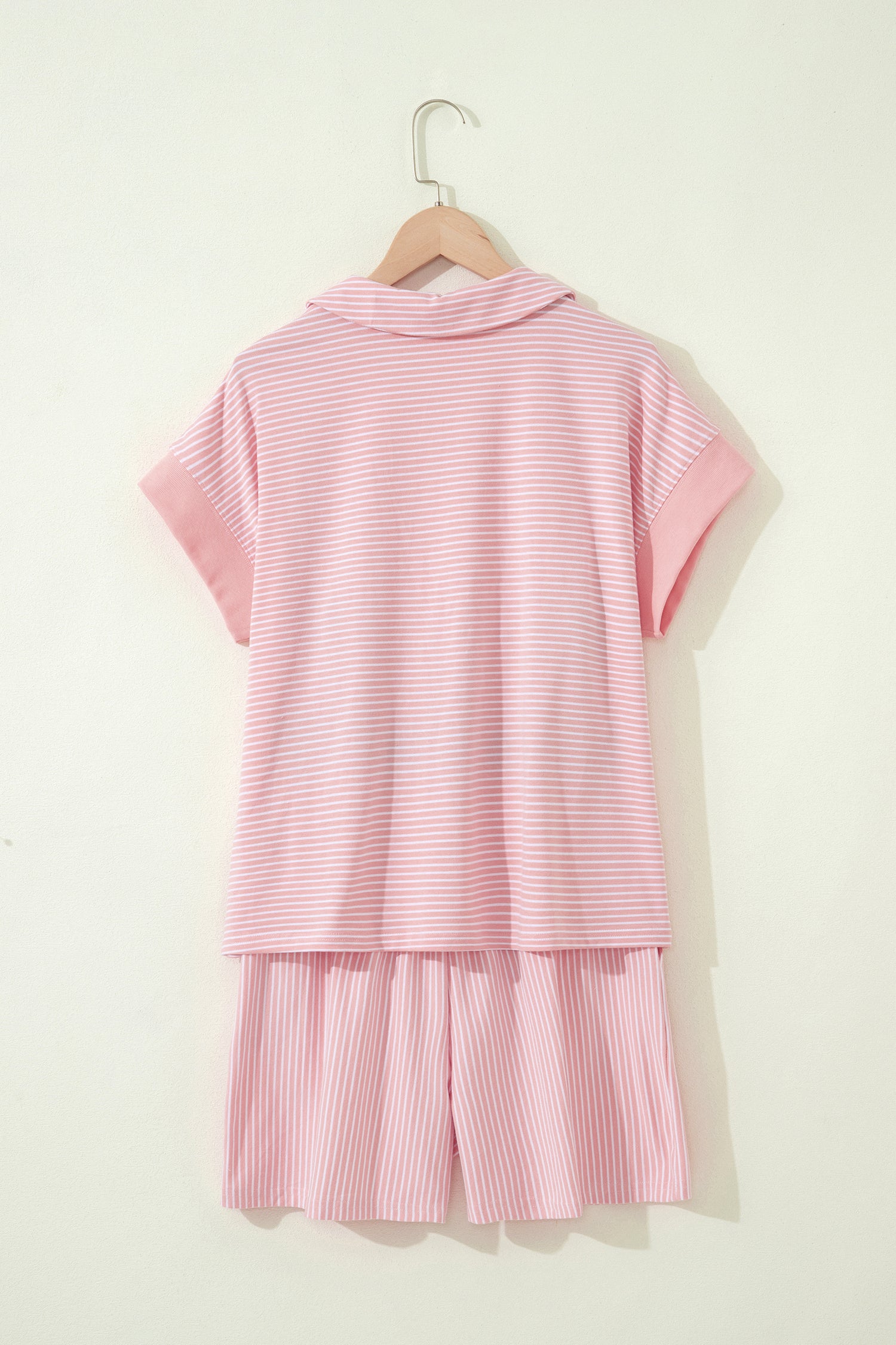 Khaki Stripe Dolman Sleeve Polo Shirt and Drawstring Shorts Set
