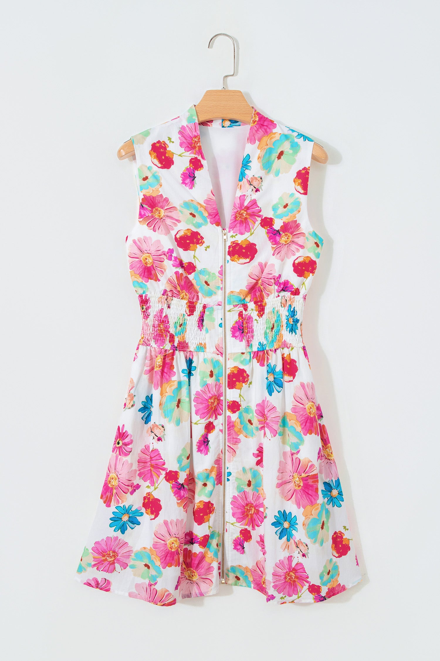 Pink Adorable Floral Print V Neck Zip Up Smocked Waist Flared Mini Dress
