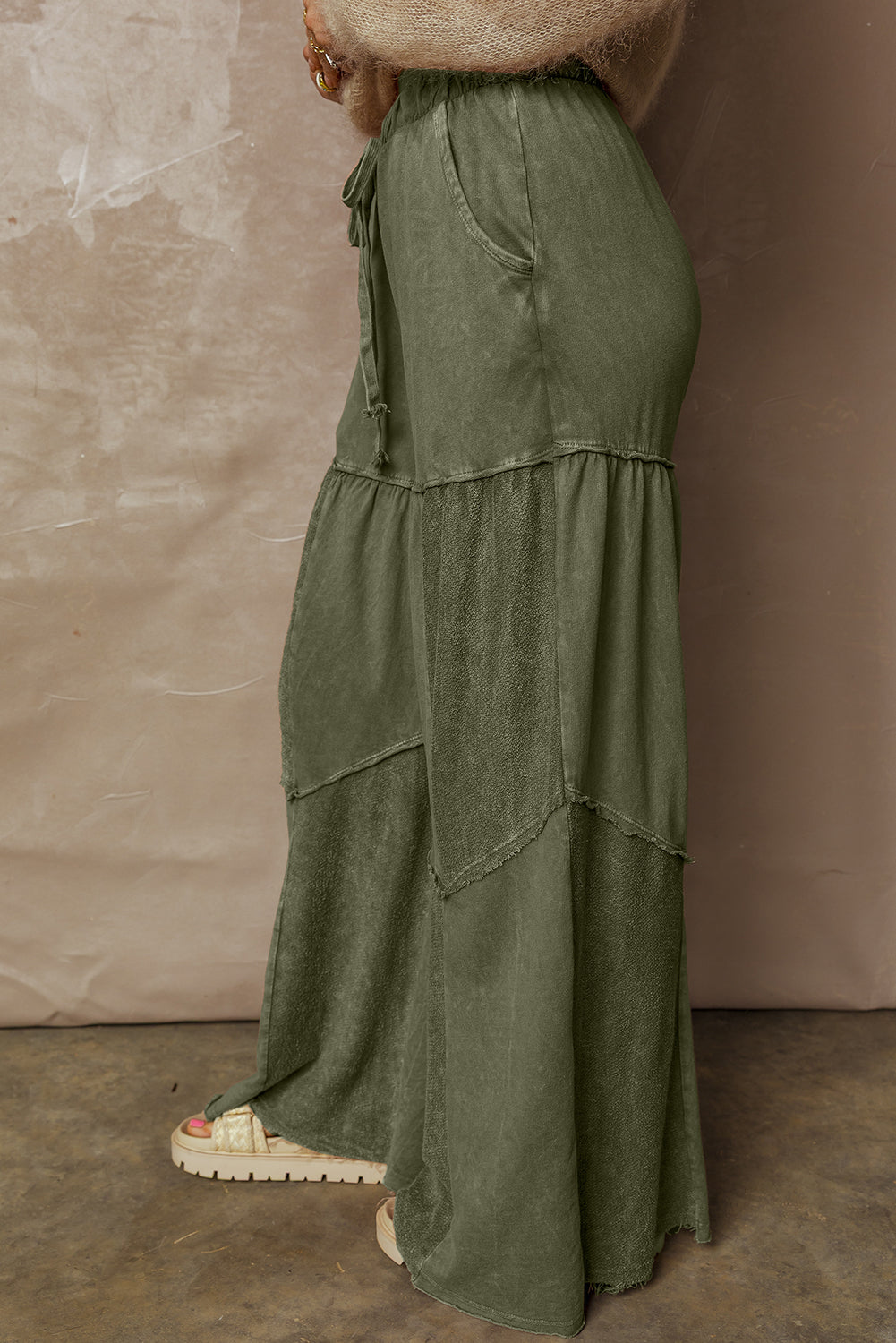 Wild Ginger Careys Mineral Wash Tiered Wide Leg Patchwork Drawstring Pants