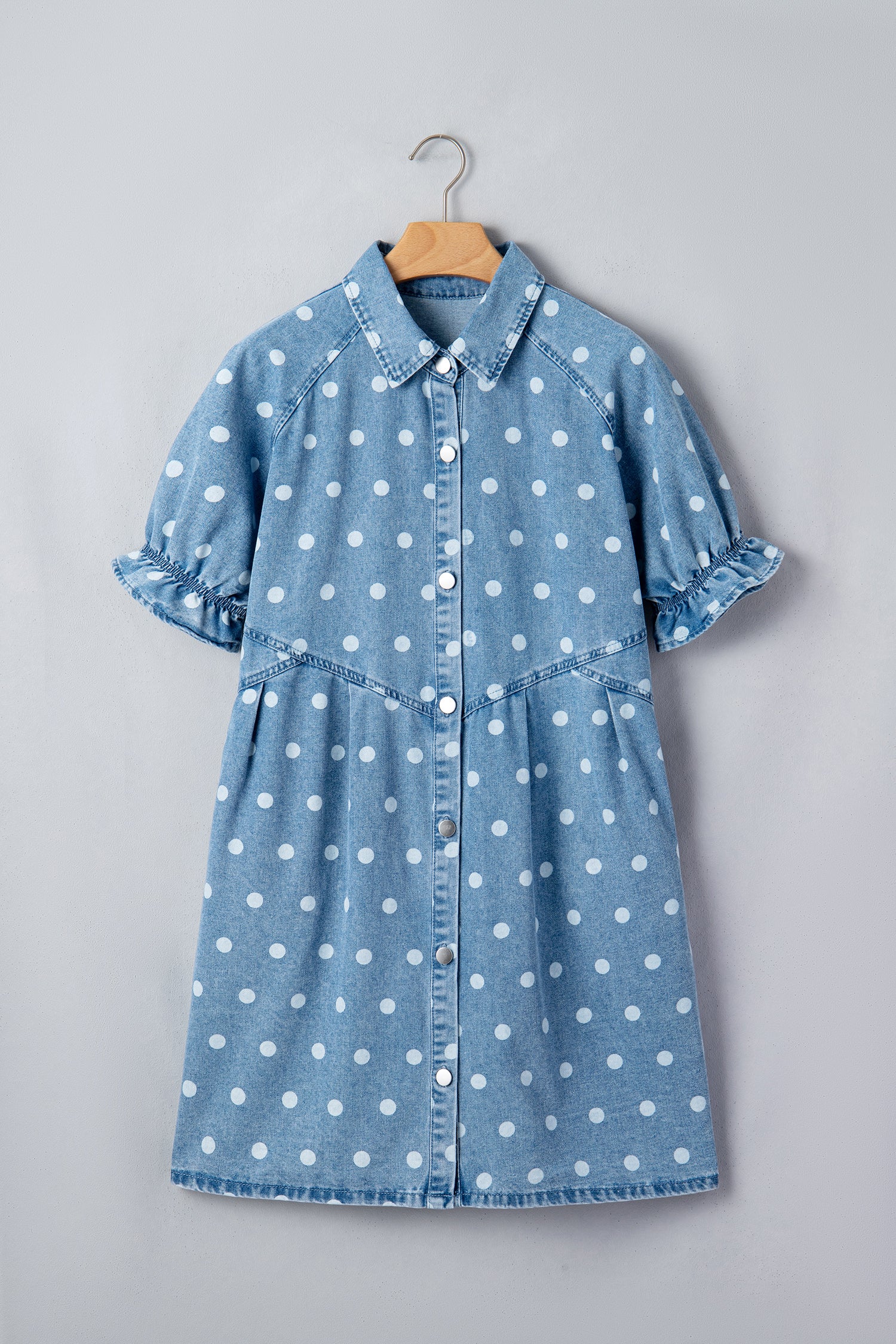 Sky Blue Polka Dot Print Ruffled Short Puff Sleeve Button Down Loose Denim Dress