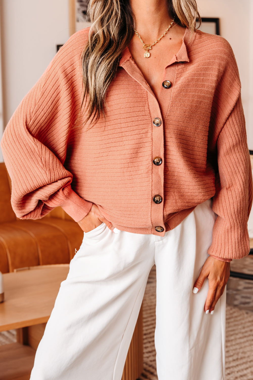 Apricot Pink Wide Rib Knit Button Front Dolman Sleeve Sweater Cardigan
