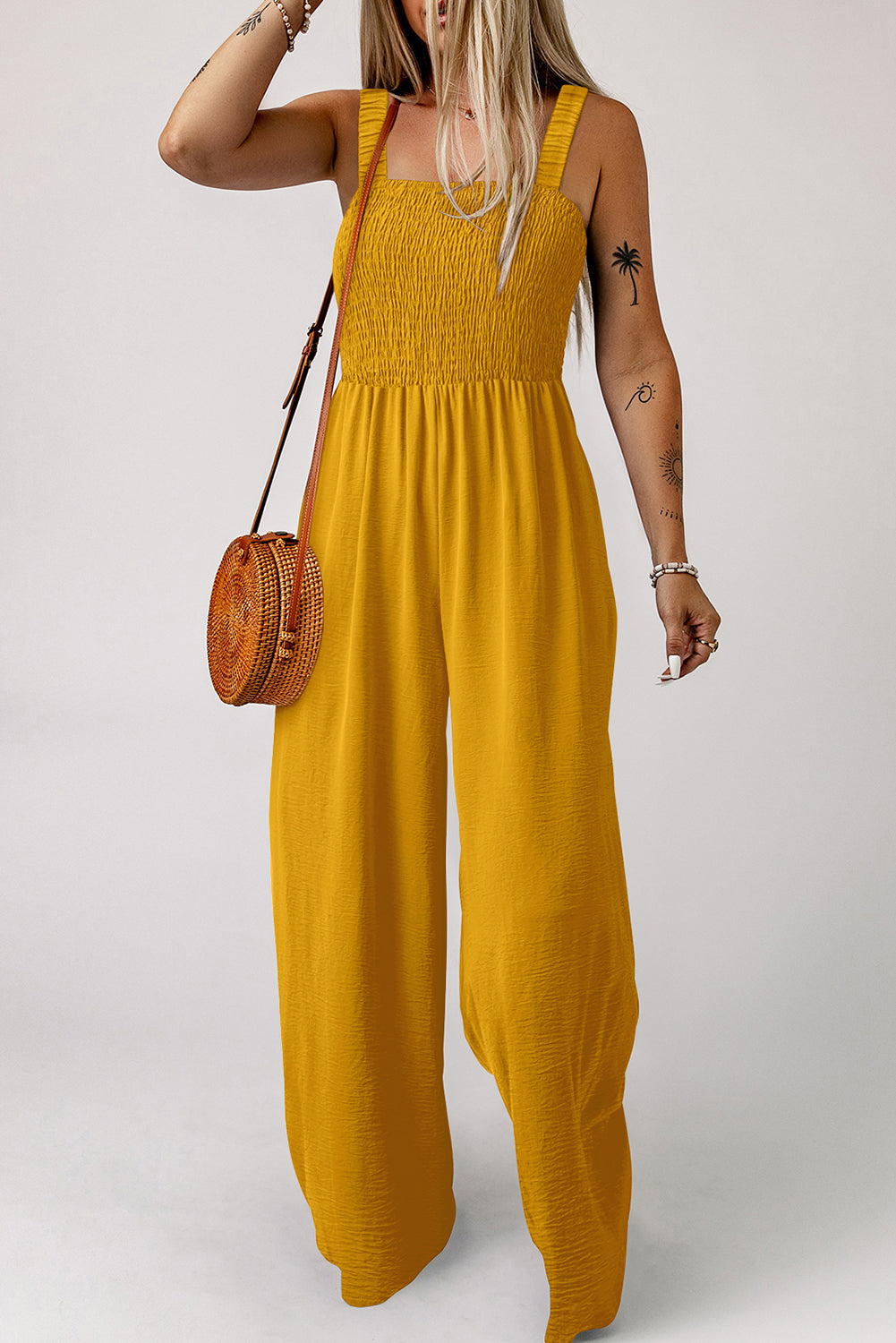Green Smocked Sleeveless Wide Leg Jumpsuit with Pockets