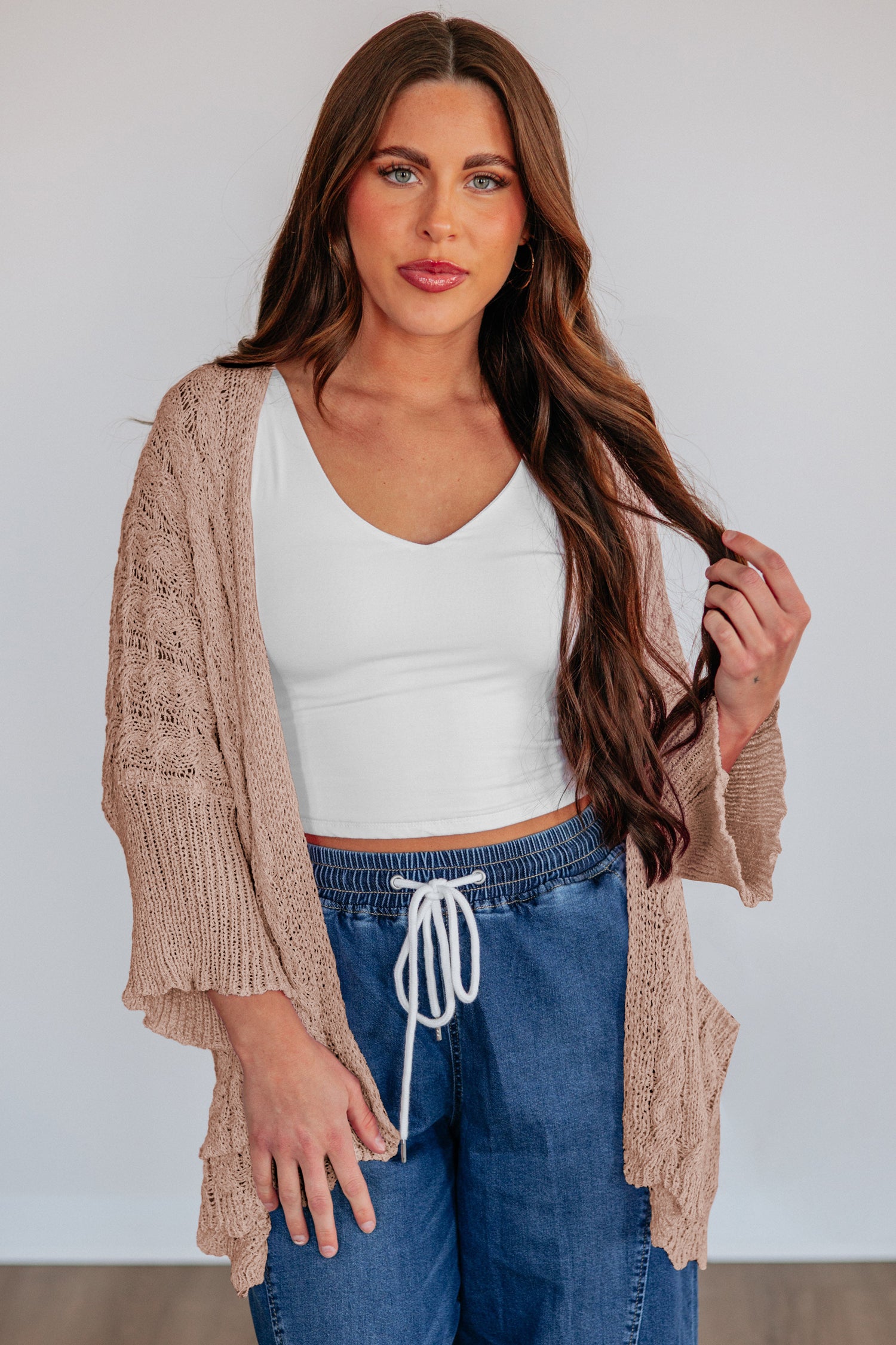 Pink Hollowed Pattern Knit Drop Shoulder Open Sweater Cardigan