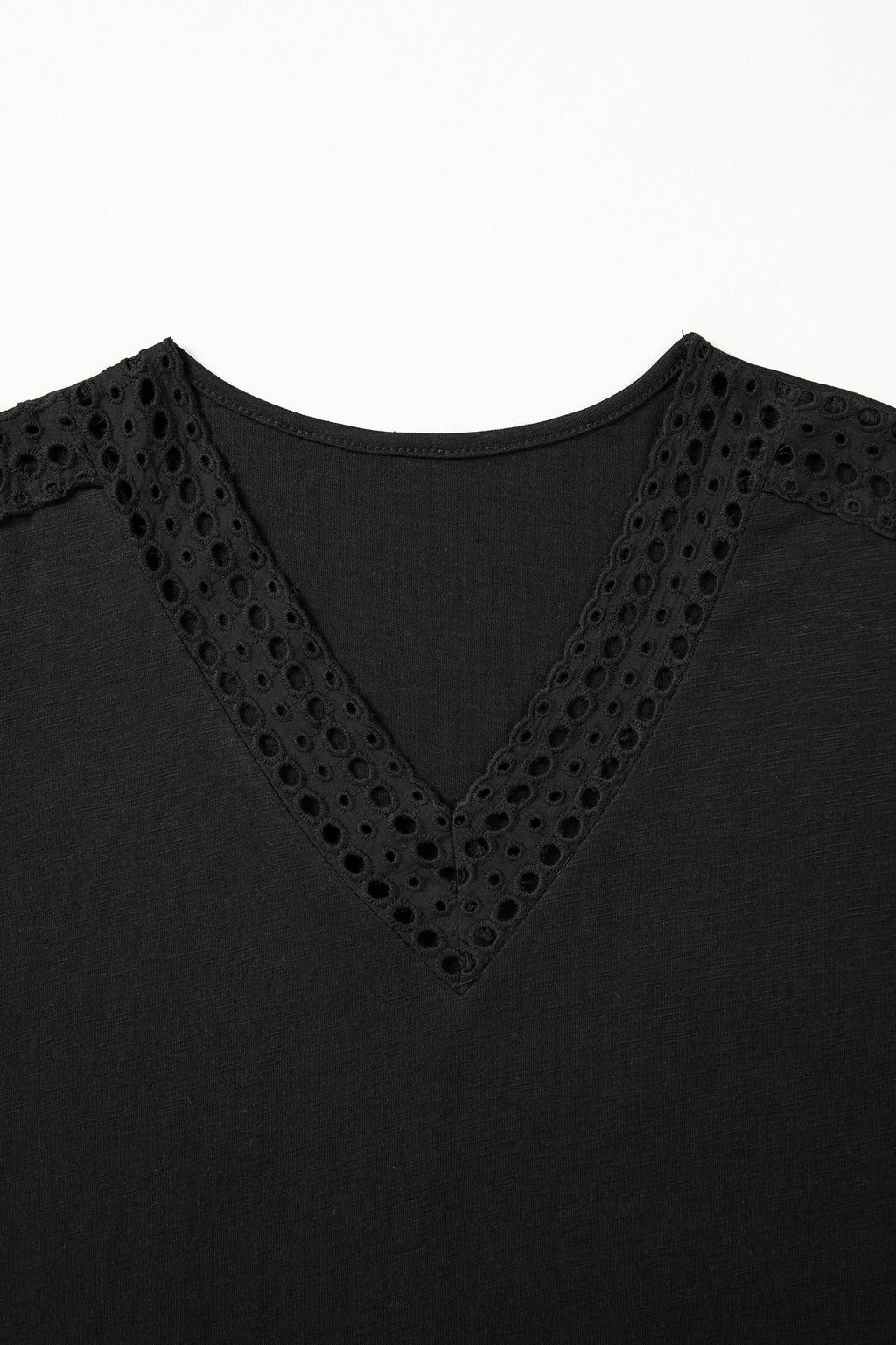 Black Cutout Embroidered Trim V Neck Cap Sleeve Tee