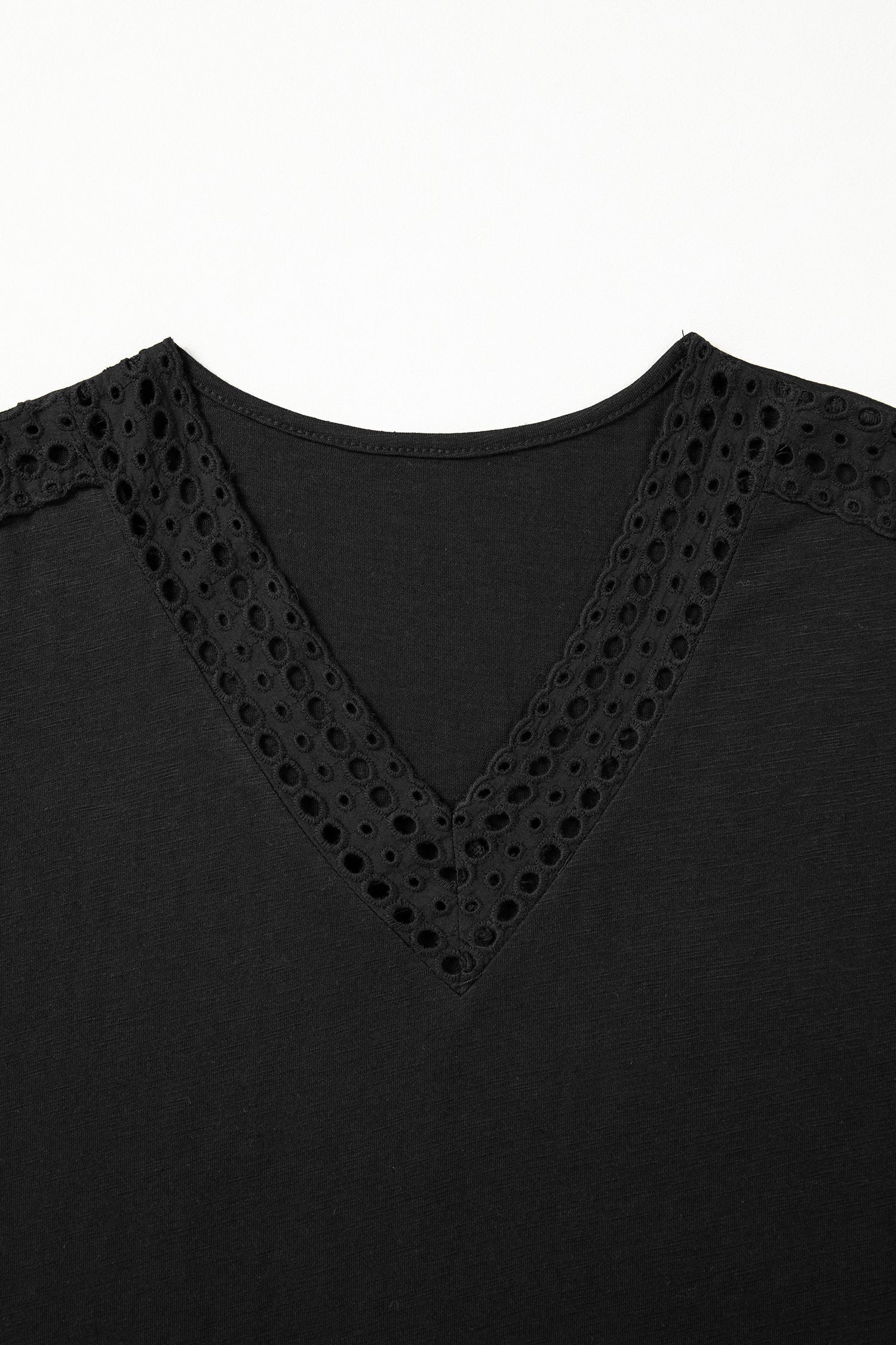 Black Cutout Embroidered Trim V Neck Cap Sleeve Tee