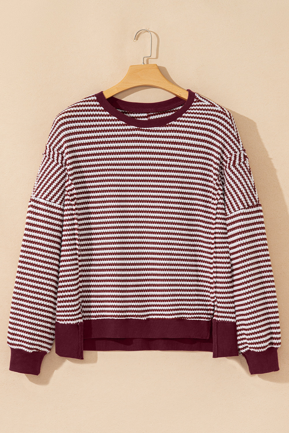 Brown Stripe Ribbed Trim Drop Shoulder Long Sleeve Oversize Top