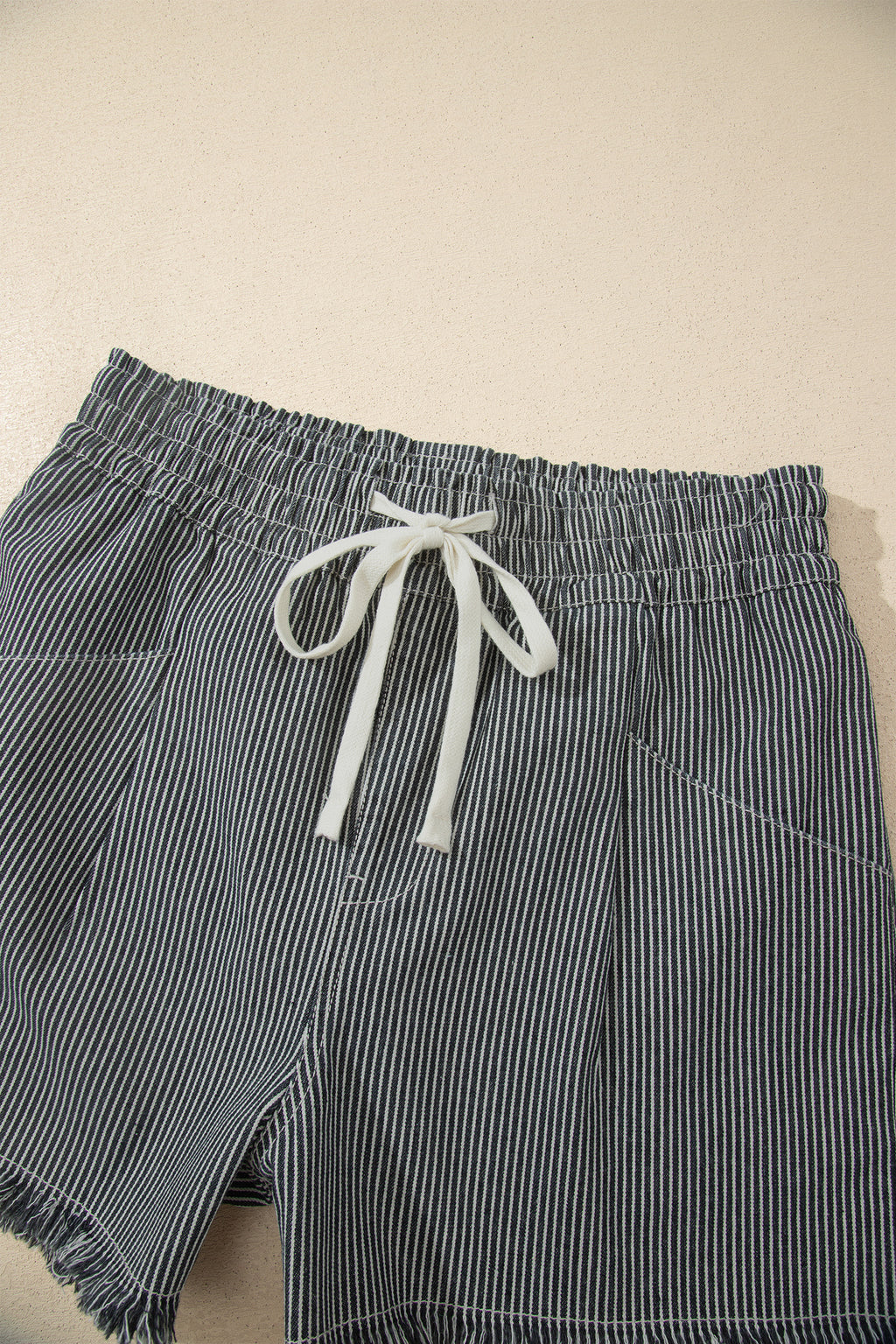Black Stripe Raw Edge Drawstring Elastic Waist Casual Denim Shorts