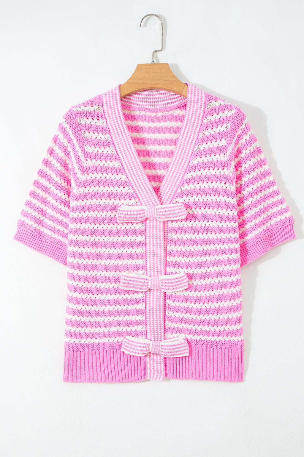 Green Stripe Short Sleeve Knit V Neck Bow Knot Sweater