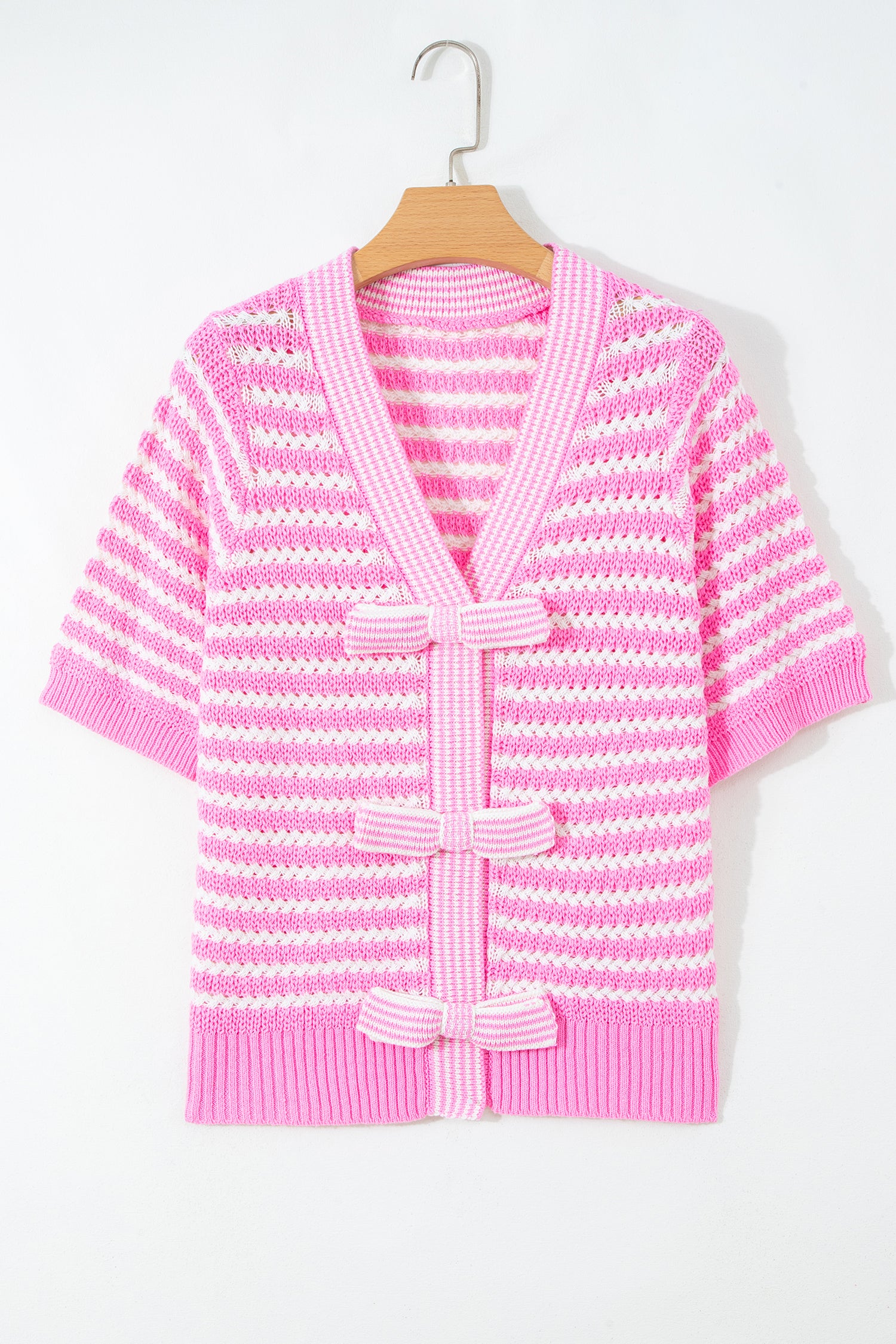 Green Stripe Short Sleeve Knit V Neck Bow Knot Sweater