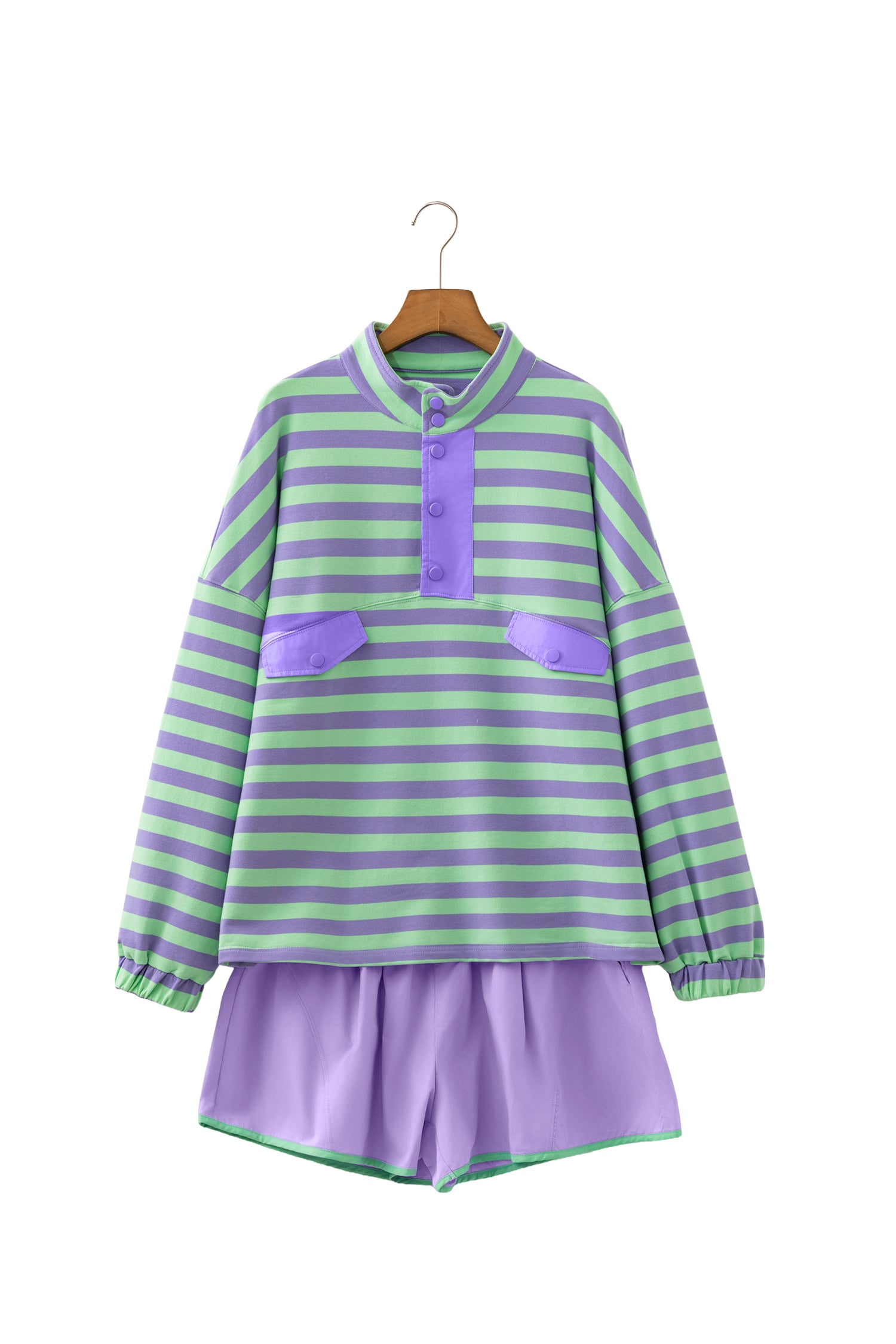 Purple Stripe Snap Button Long Sleeve Henley Top Contrast Shorts Two Piece Set