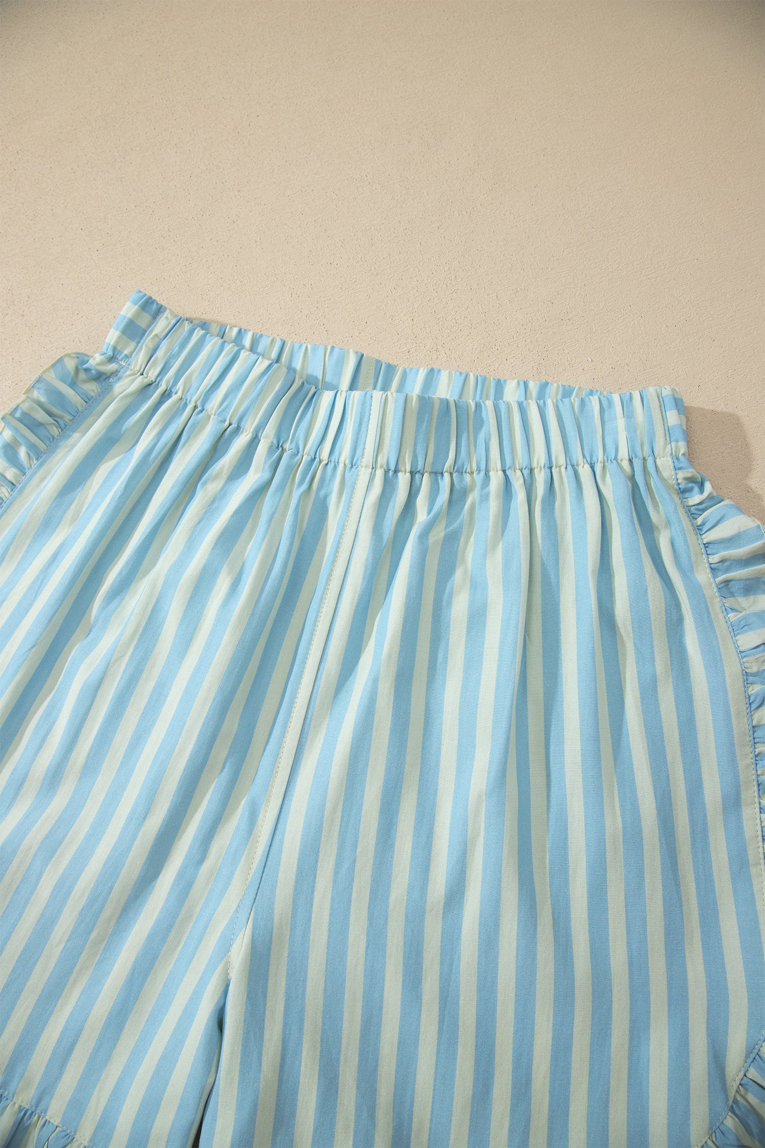 Rose Stripe Elastic Waist Ruffle Trim Casual Shorts