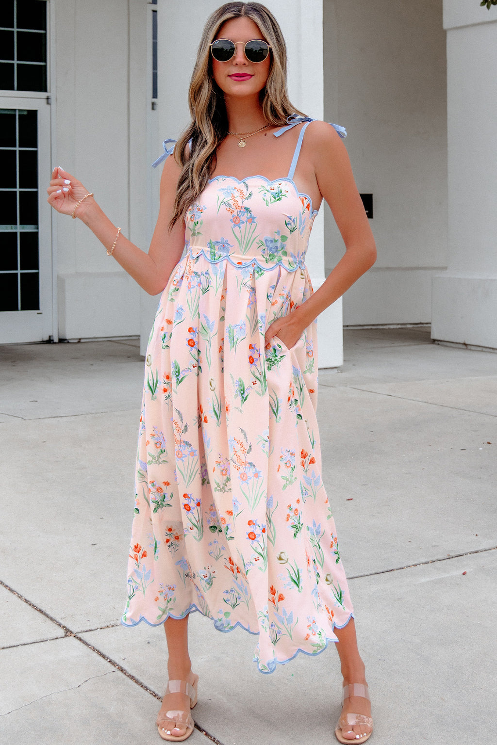 Yellow Floral Print Contrast Trim Self-tie Straps High Waist Midi Dress