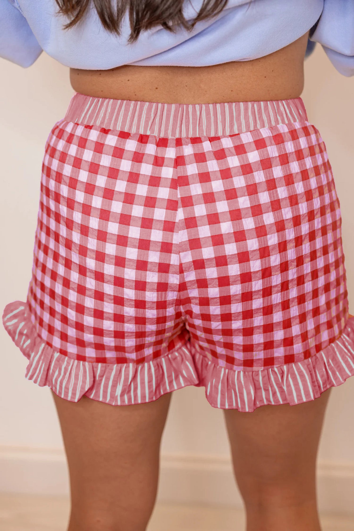 Red Gingham Print Ruffle Striped Detail Lace Tie Shorts