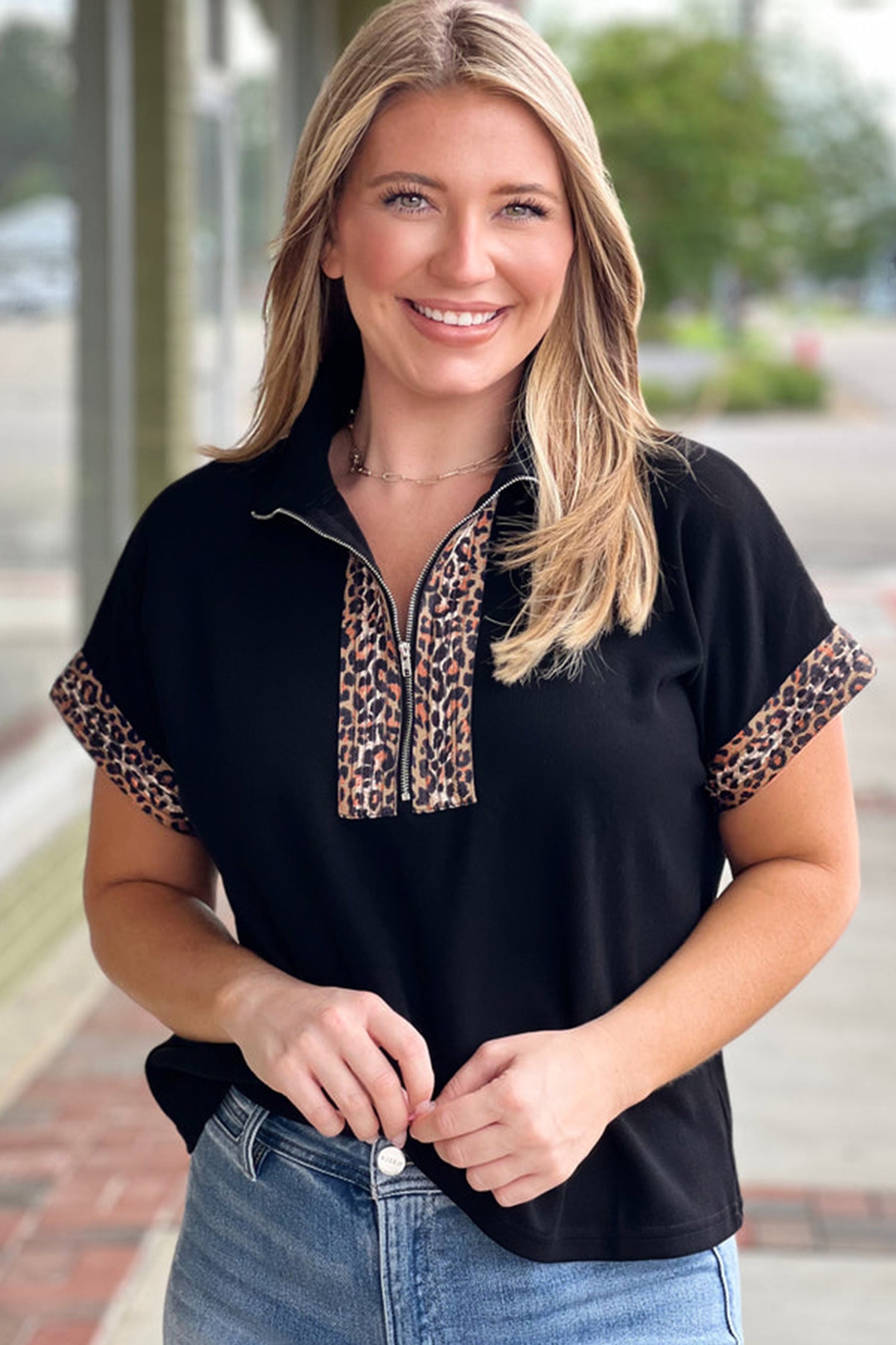 Black Plus Size Leopard Patchwork Half Zip Short Sleeve Top
