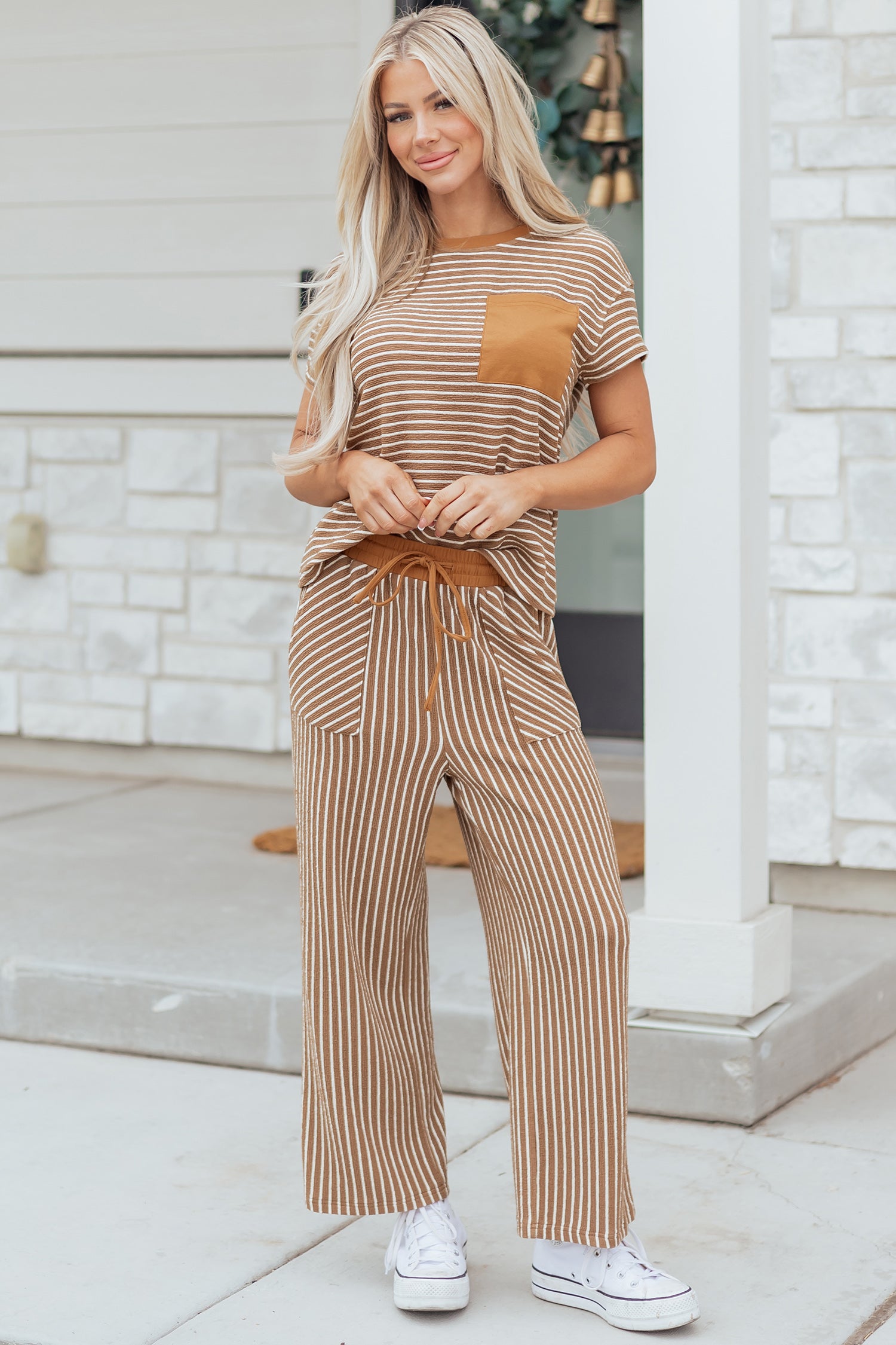 Sky Blue Stripe Crew Neck Tee Drawstring Waist Cropped Pants Set