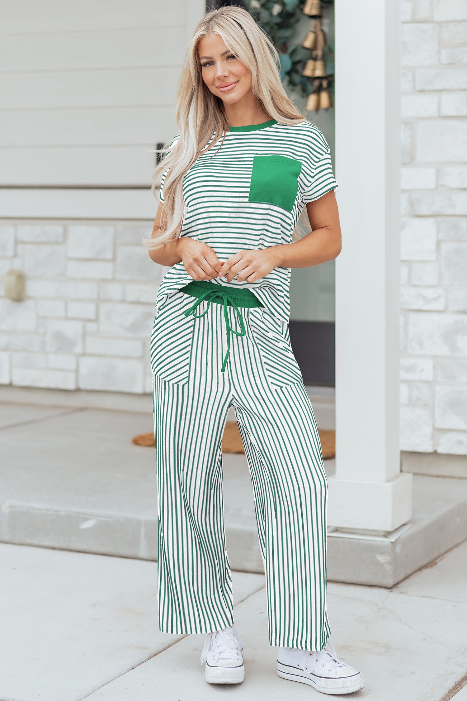 Sky Blue Stripe Crew Neck Tee Drawstring Waist Cropped Pants Set
