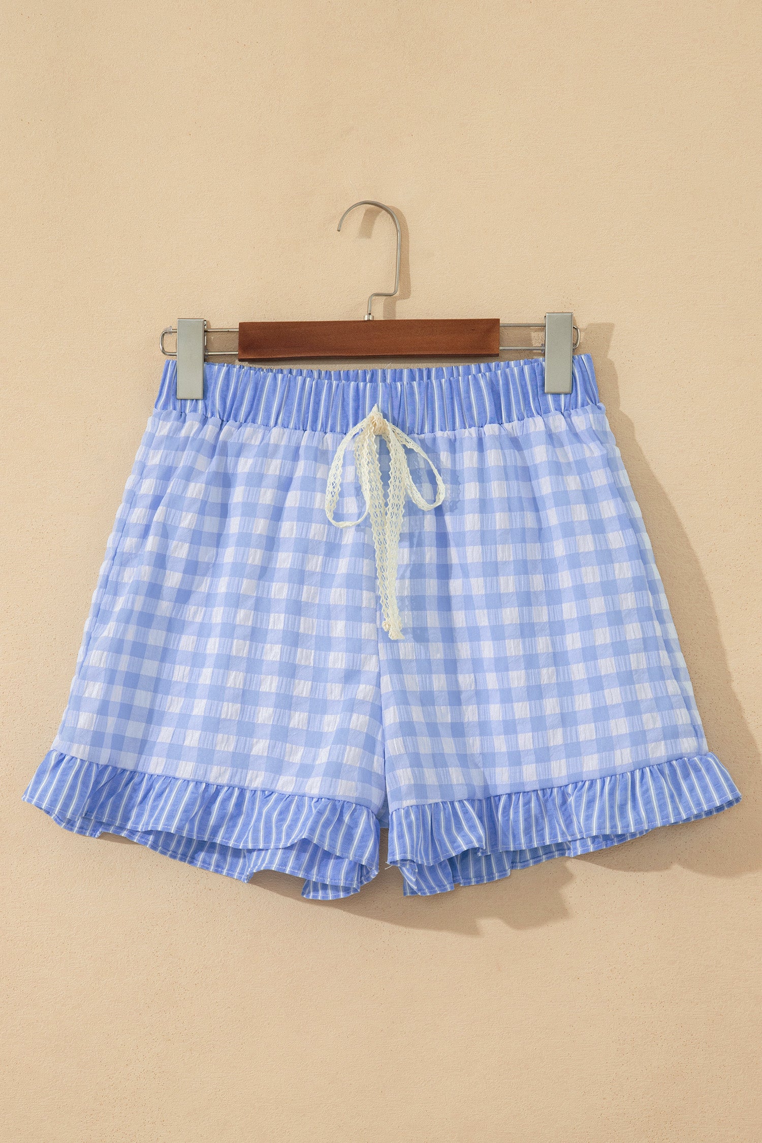 Red Gingham Print Ruffle Striped Detail Lace Tie Shorts