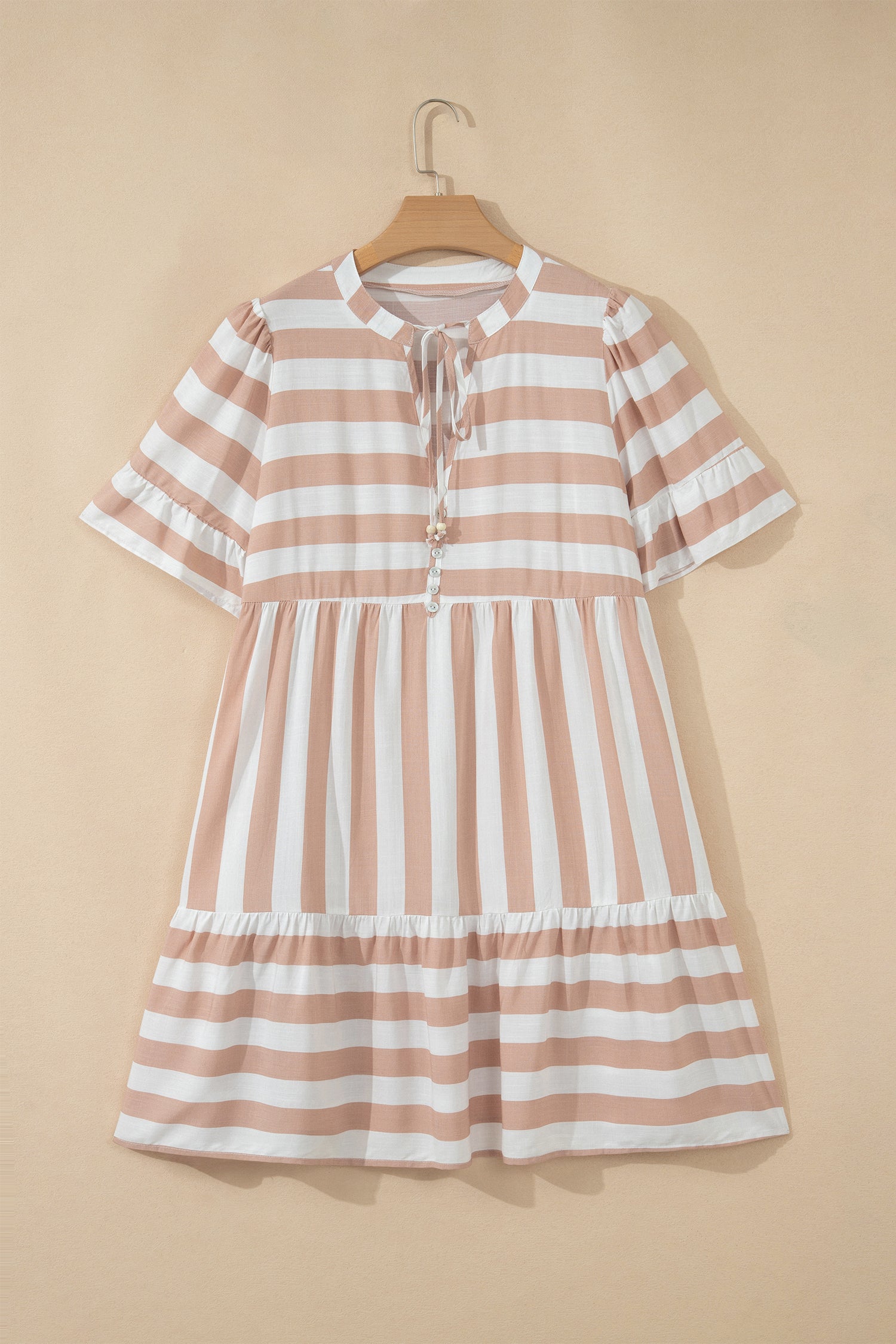 Khaki Stripe Tie V Neck Ruffle Trim Short Sleeve Flared Summer Dress