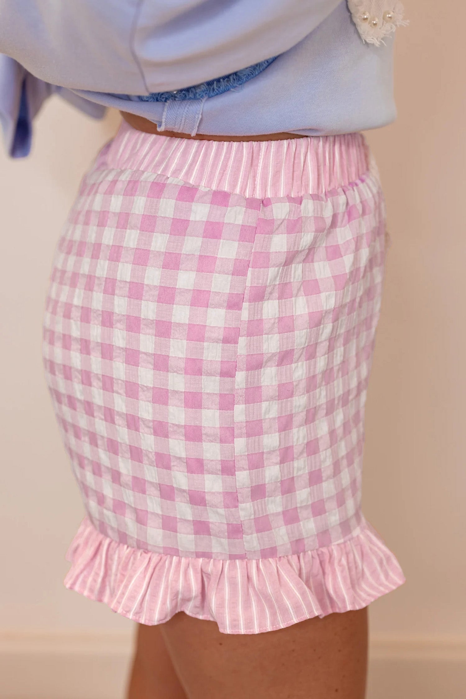 Red Gingham Print Ruffle Striped Detail Lace Tie Shorts
